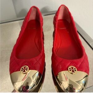 Tory Burch Red Quilted Flats with Gold Accents
